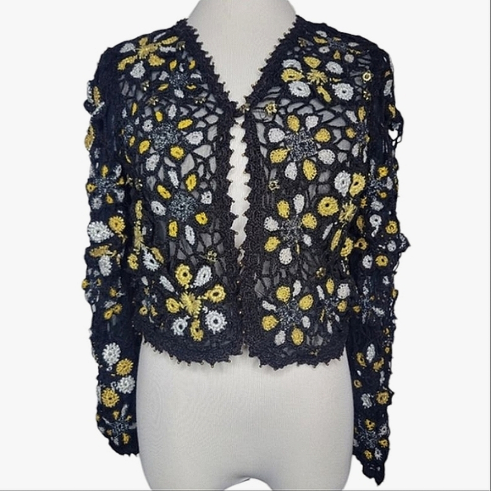 Vintage Sandy Starkman Evening Jacket Metallic Crochet Square Mesh Cardigan S/M